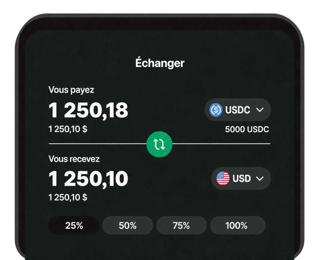 Interface de conversion d’USDC en dollars américains