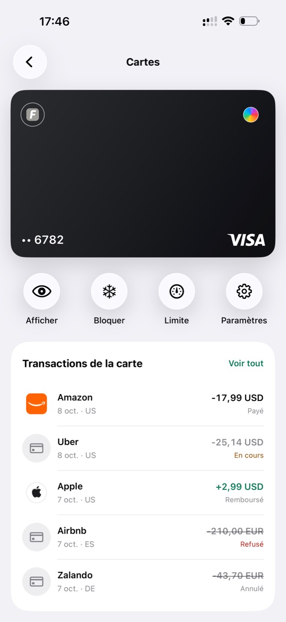 Capture de l’app Flowxi : carte Visa, commandes et historique des transactions